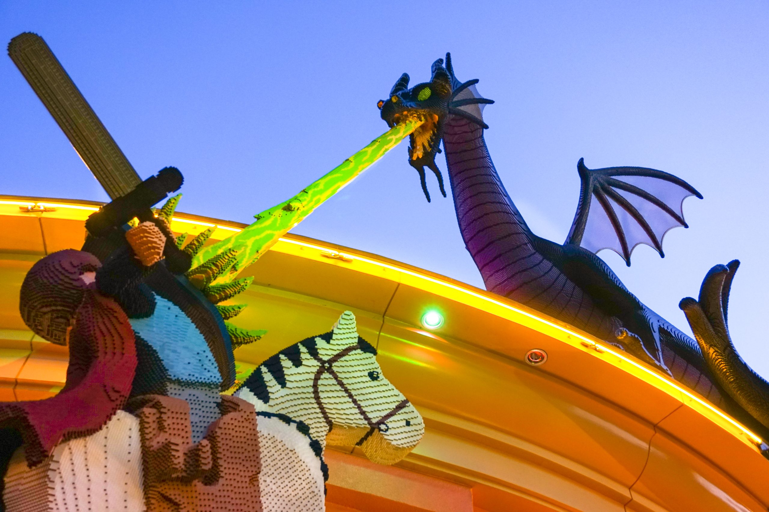 Downtown Disney, LEGO Store exterior statues of Maleficent and Prince Phillip