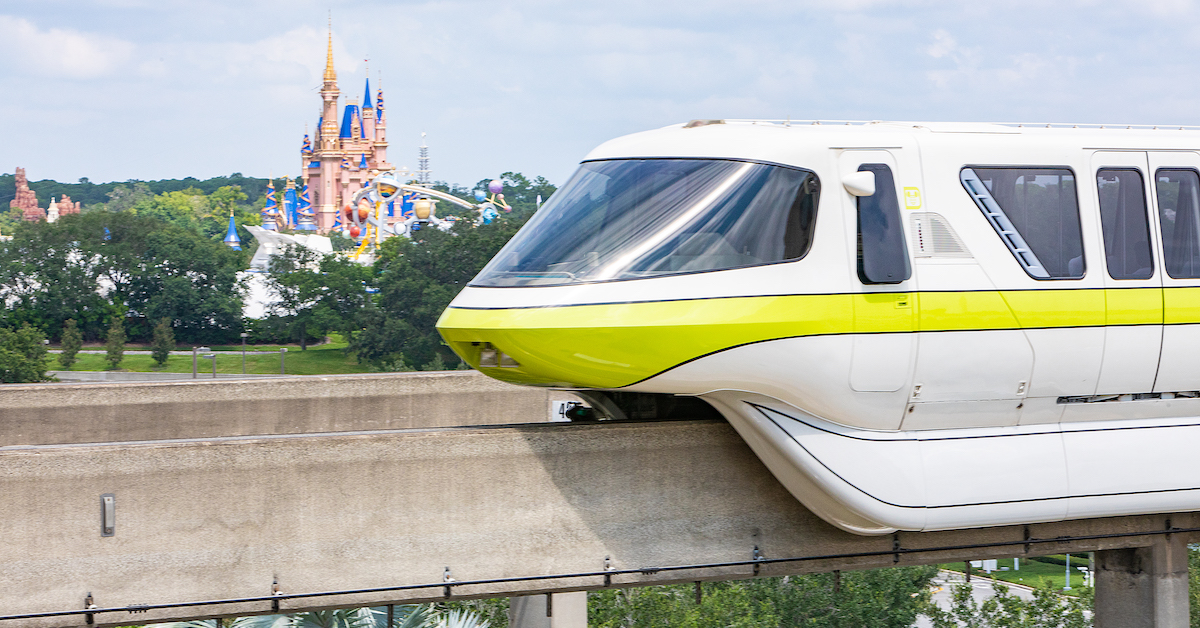 Disney World transportation, monorail in front of Cinderella Castle