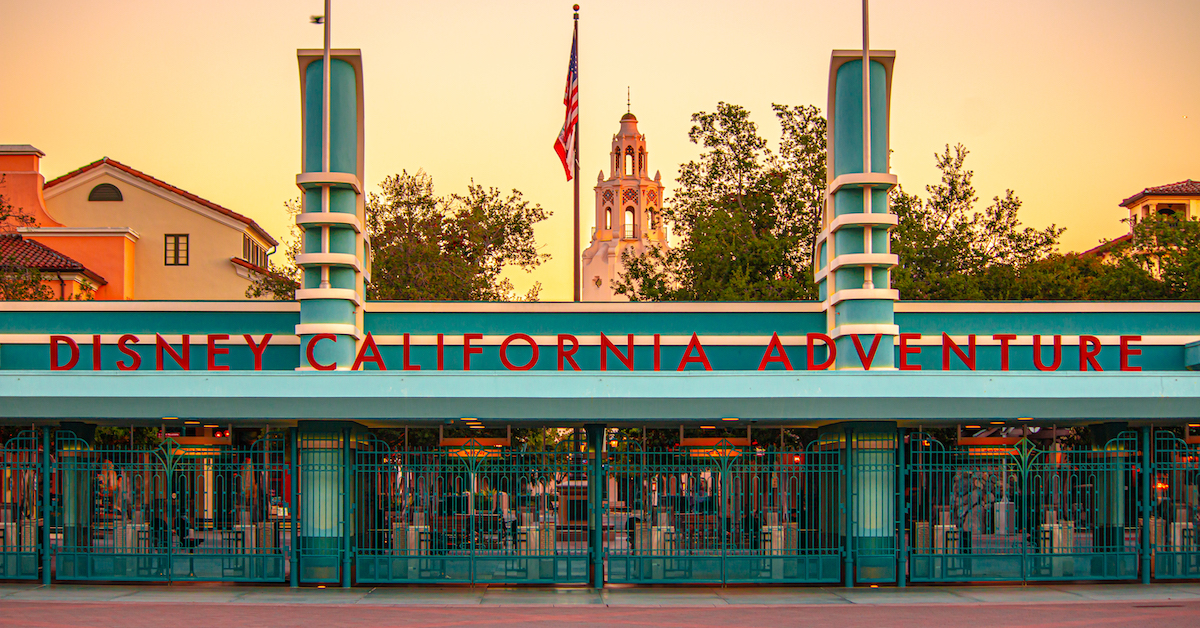 Disney California Adventure Park, entrance gate at sunset