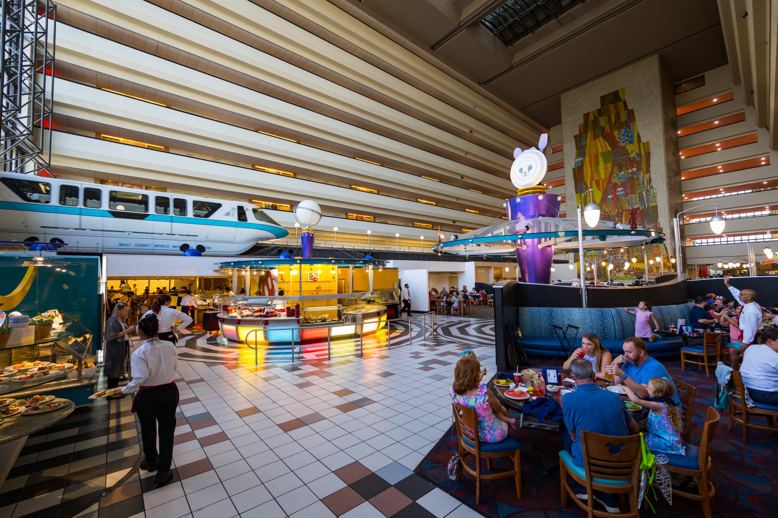 Chef Mickey's inside the Contemporary Resort, monorail overhead