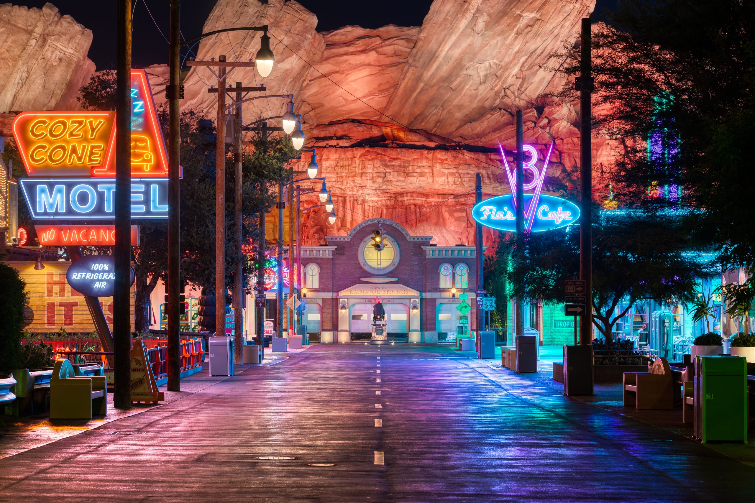 Cars Land in California Adventure, Route 66 at night with neon lights