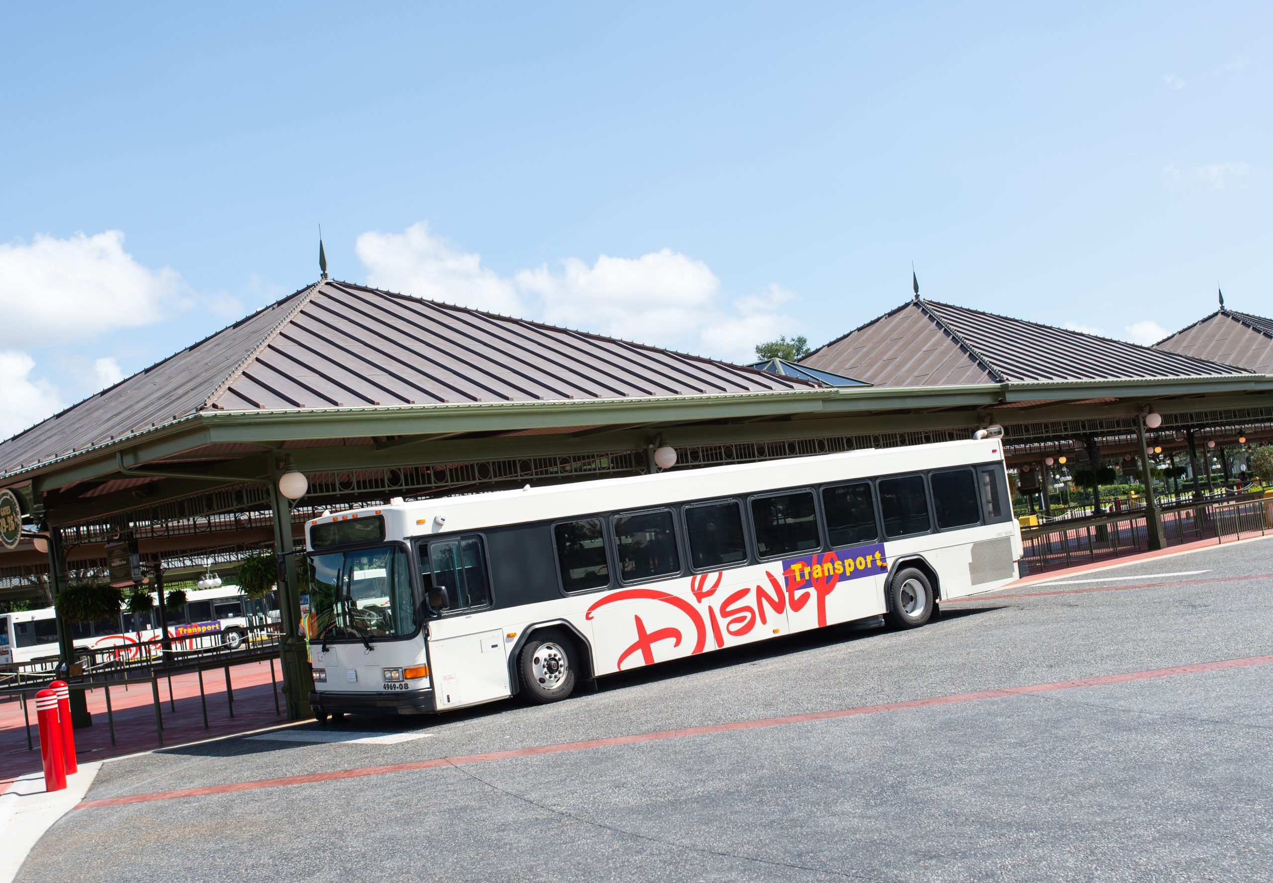 Old Disney World bus transportation with no bus wrap, Magic Kingdom bus stop