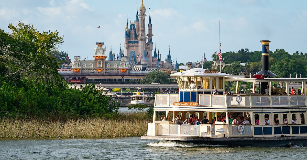 Disney World boat transportation, ferryboat on Seven Seas Lagoon in front of Magic Kingdom