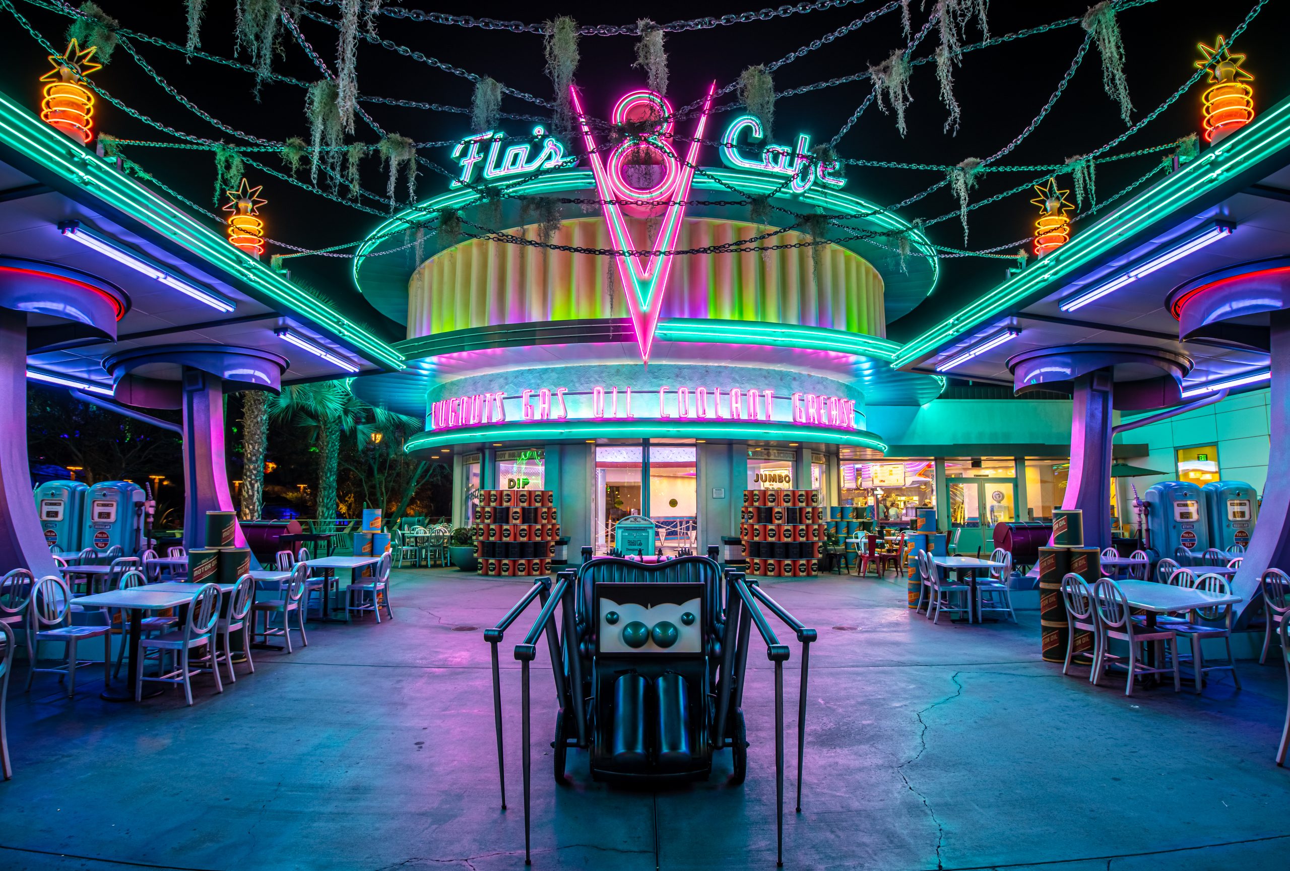 Radiator Springs as Radiator Screams during Halloween Time, Flo's V-8 Cafe at California Adventure