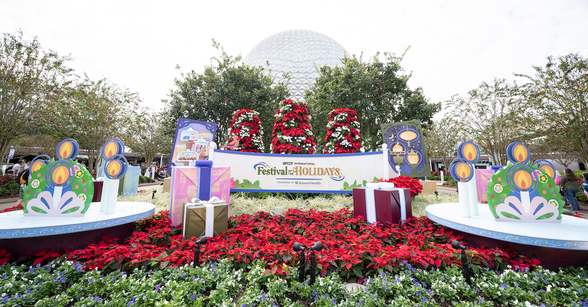 EPCOT International Festival of the Holidays, signage in front of Spaceship Earth