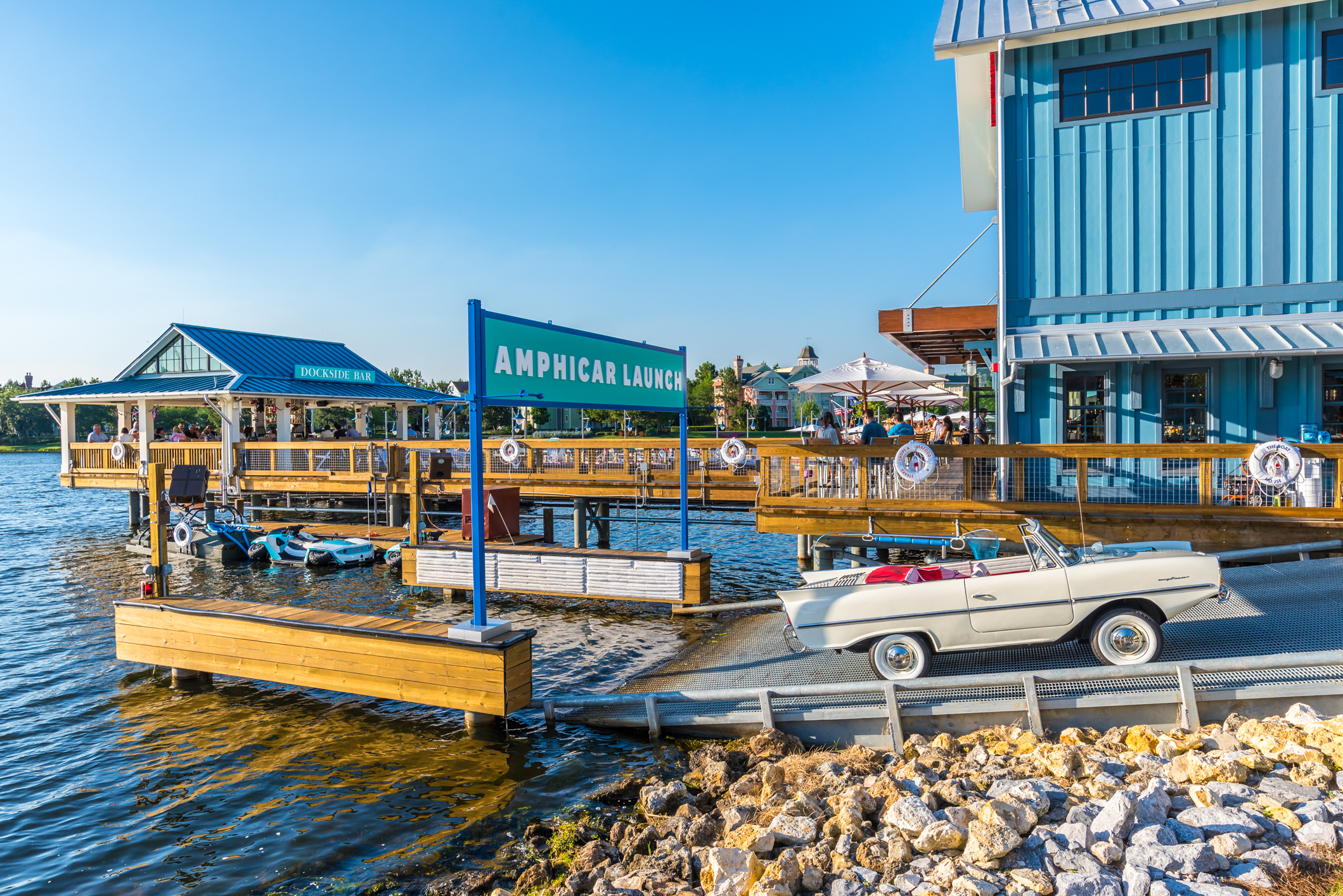 Amphicar launch next to The BOATHOUSE at The Landing at Disney Springs