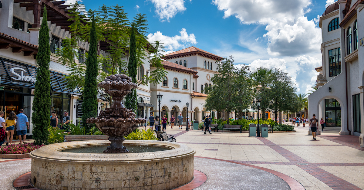 Disney Springs Town Center, shopping plaza building exteriors