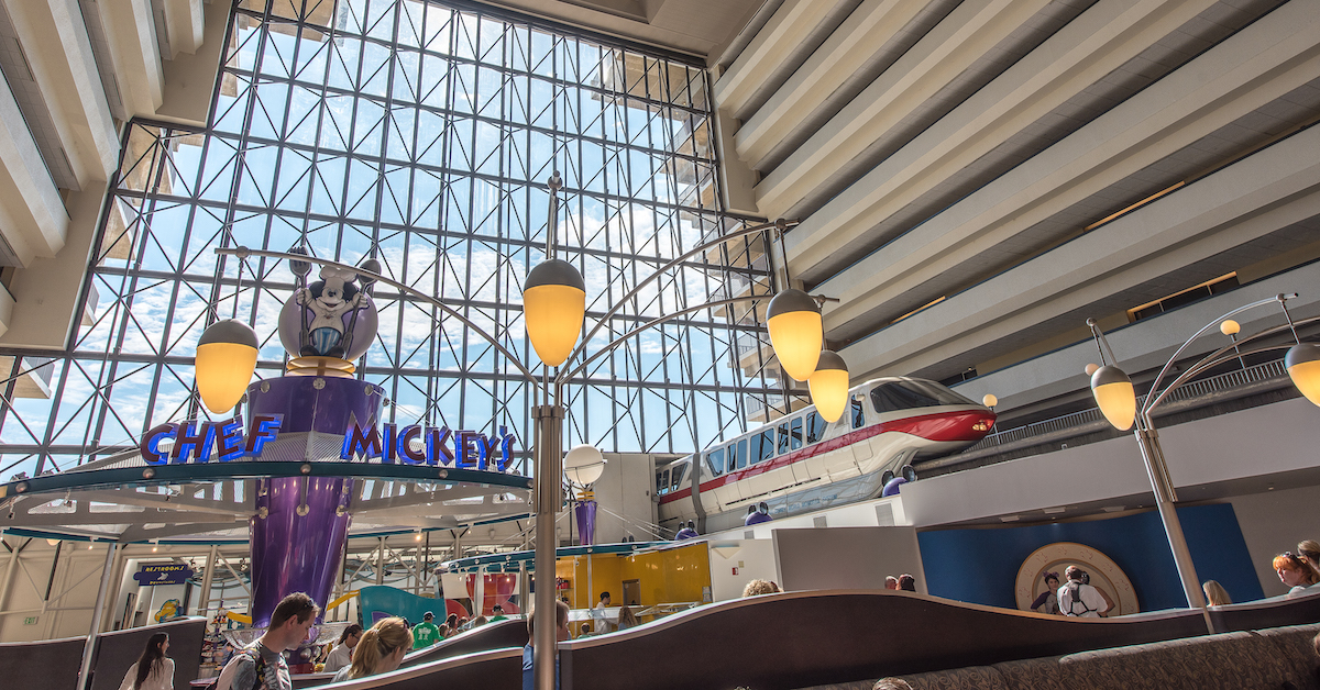 Chef Mickey's inside Disney's Contemporary Resort, sign and monorail