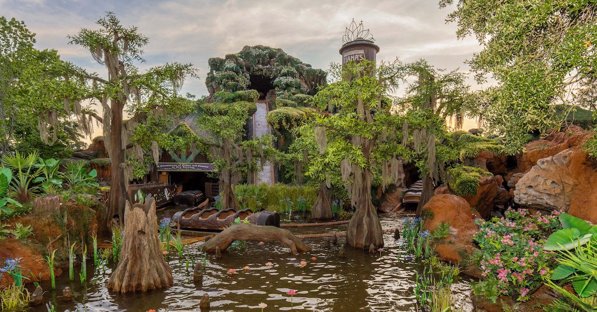 Tiana's Bayou Adventure, exterior of attraction with drop at Magic Kingdom Park