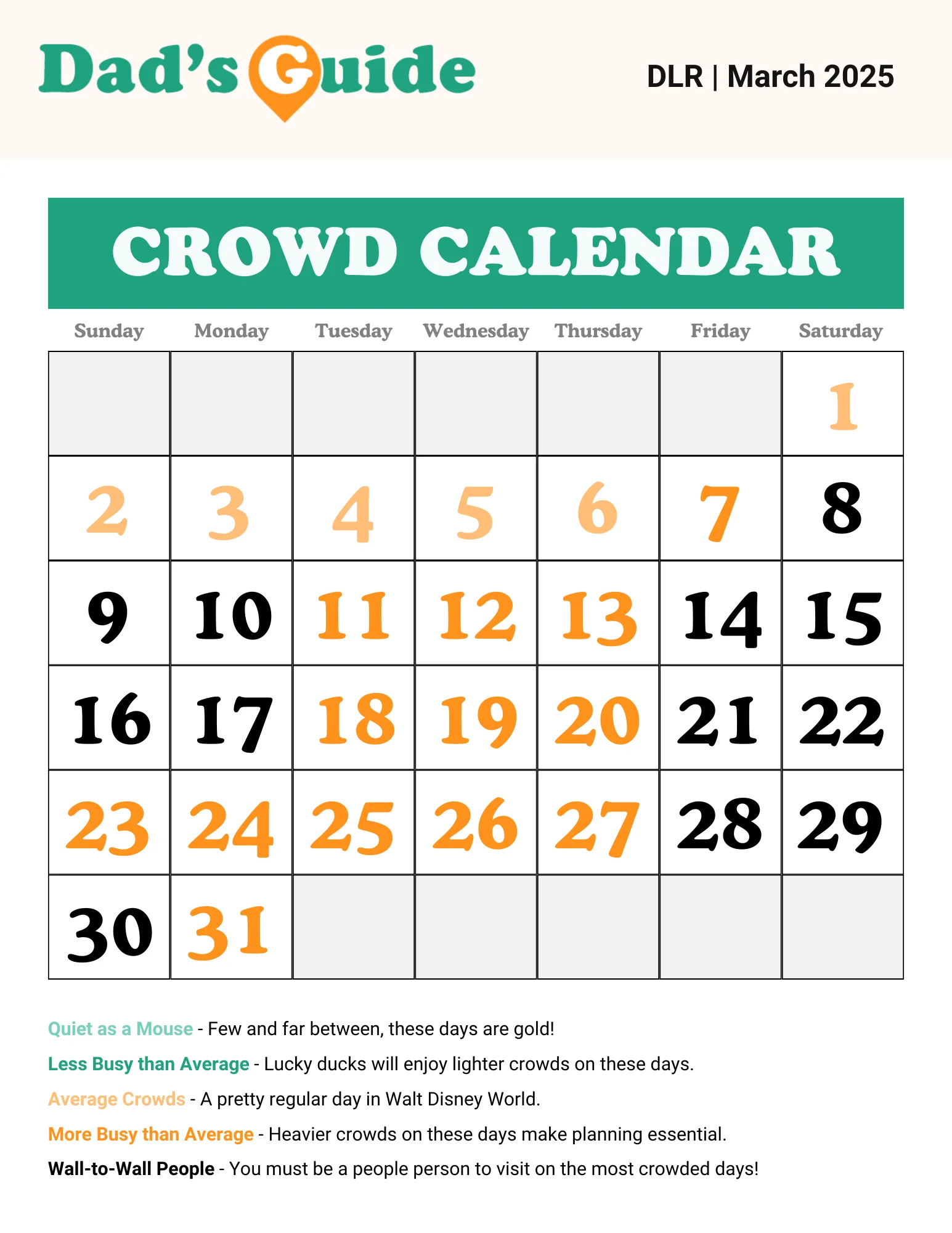 March 2025 Disneyland crowd calendar