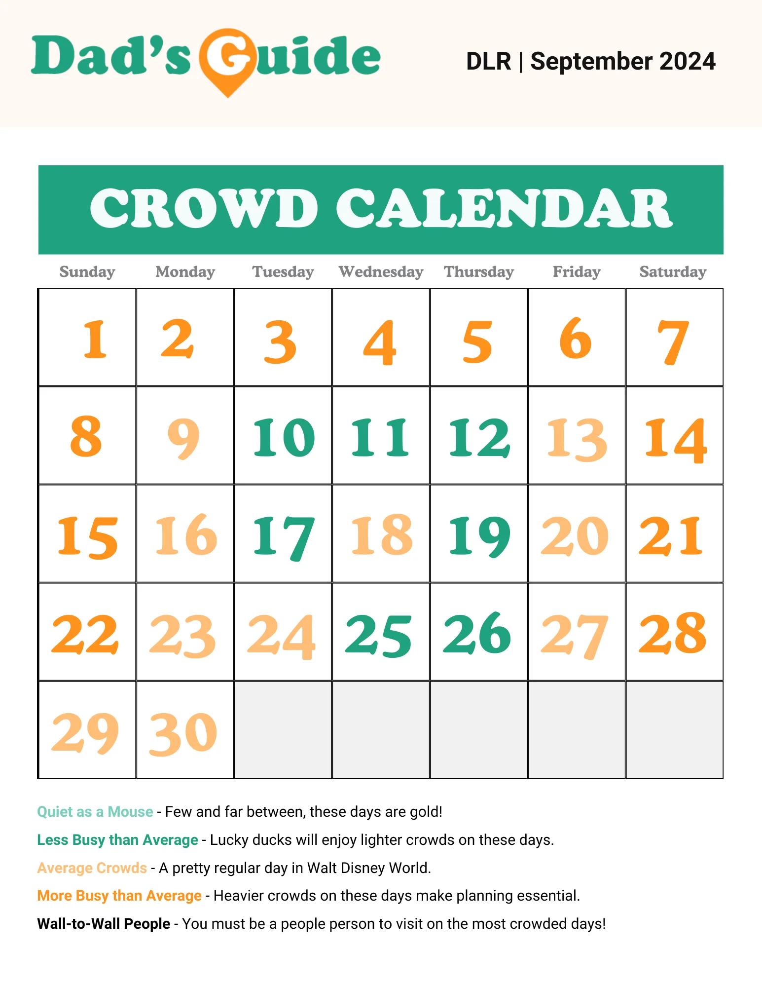 September 2024 Disneyland crowd calendar