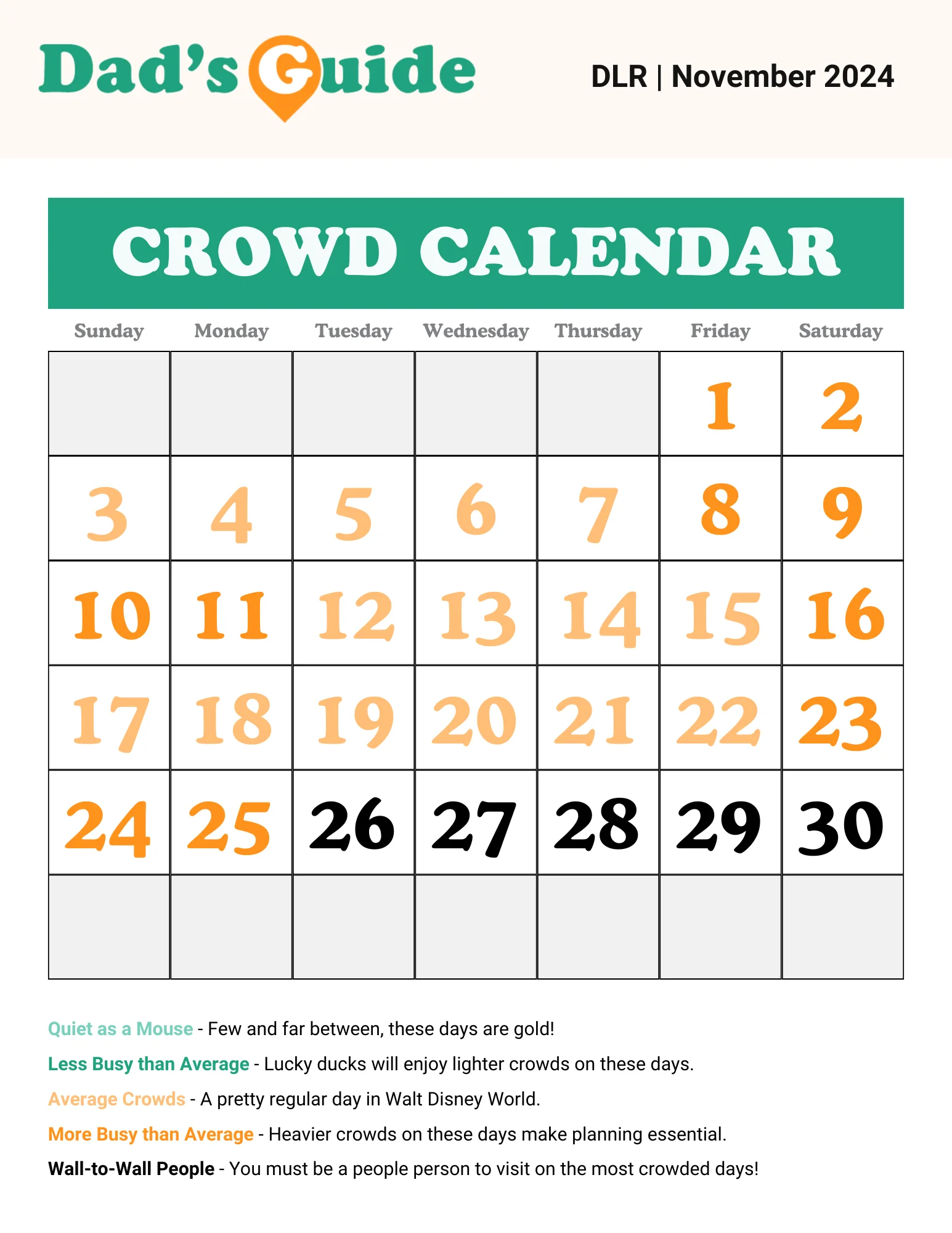 November 2024 Disneyland crowd calendar