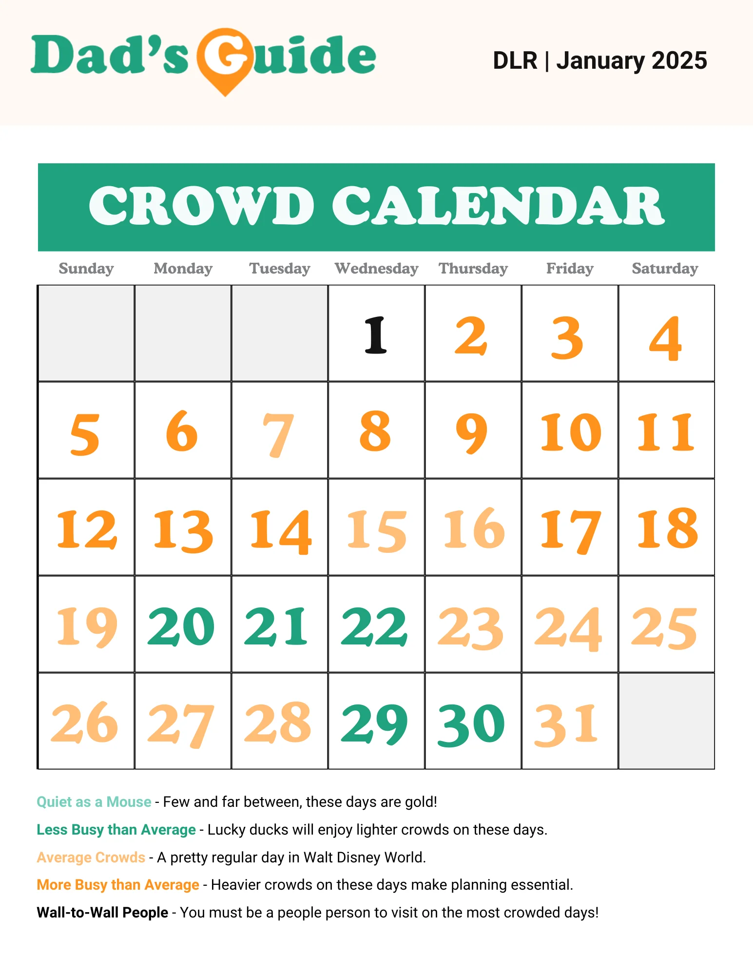 January 2025 Disneyland crowd calendar